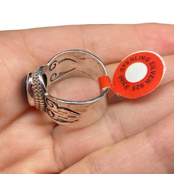 Garnet Ring Size 8 Solid 925 Sterling Silver Oval Cabochon Red Boho Jewelry - Picture 10 of 13